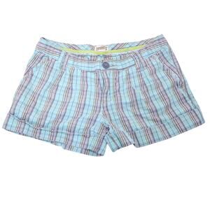 Vintage Y2K Mossimo Light Blue and Brown Plaid Low Rise Shorts 1